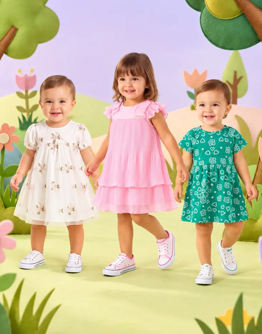 Três meninas pequenas de vestido branco bordado, rosa plissado e verde estampado