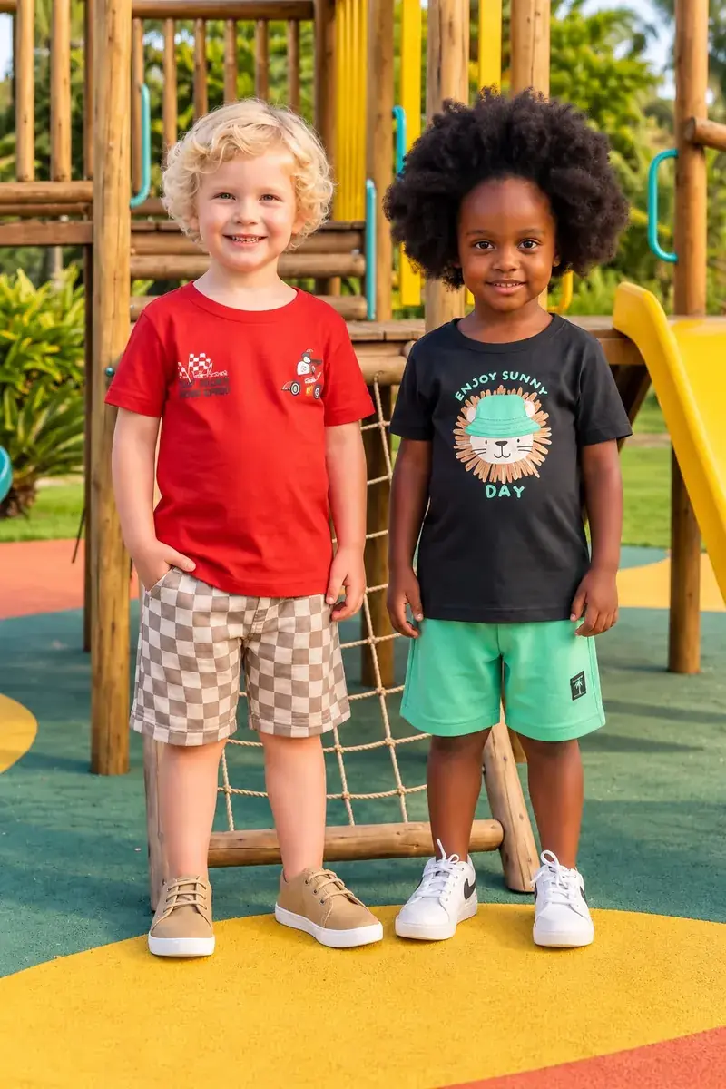 Dois meninos pequenos de camiseta e bermuda num parquinho