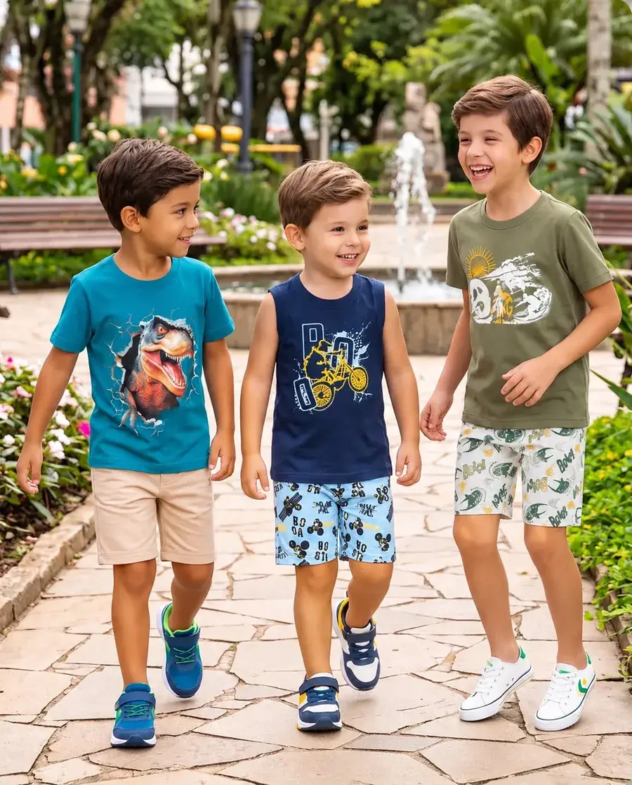 Três meninos de camiseta estampada e bermuda caminhando numa praça